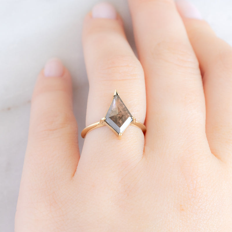 The Sage Ring with a 1.4ct Lab Grown Salt and Pepper Kite in 14K Yellow Gold on Model