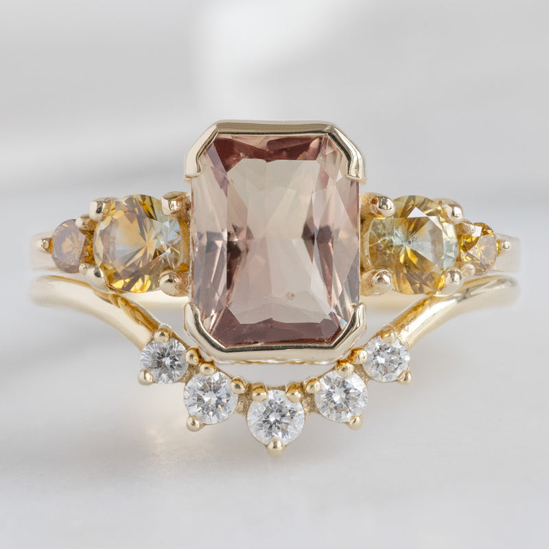 The Watercolor Ring in 2.04ct Emerald Cut Peach Sapphire in 14K Yellow Gold  with Round White Diamond Sunburst Stacking Band