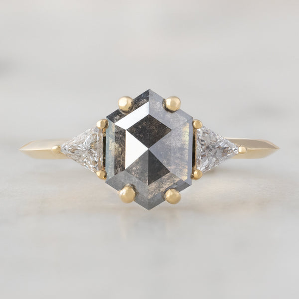 The Jade Ring with a 0.91ct Hexagonal Grey Diamond in 14K Yellow Gold on white background