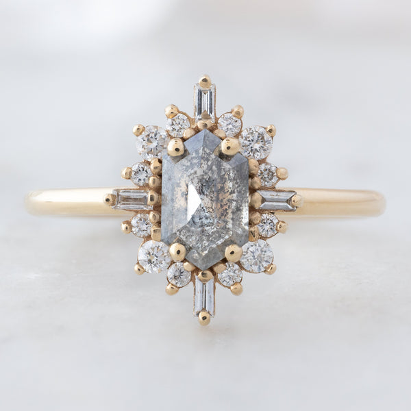 The Compass Ring with a 0.81ct Hexagonal Salt and Pepper Diamond 14K Yellow Gold on white background