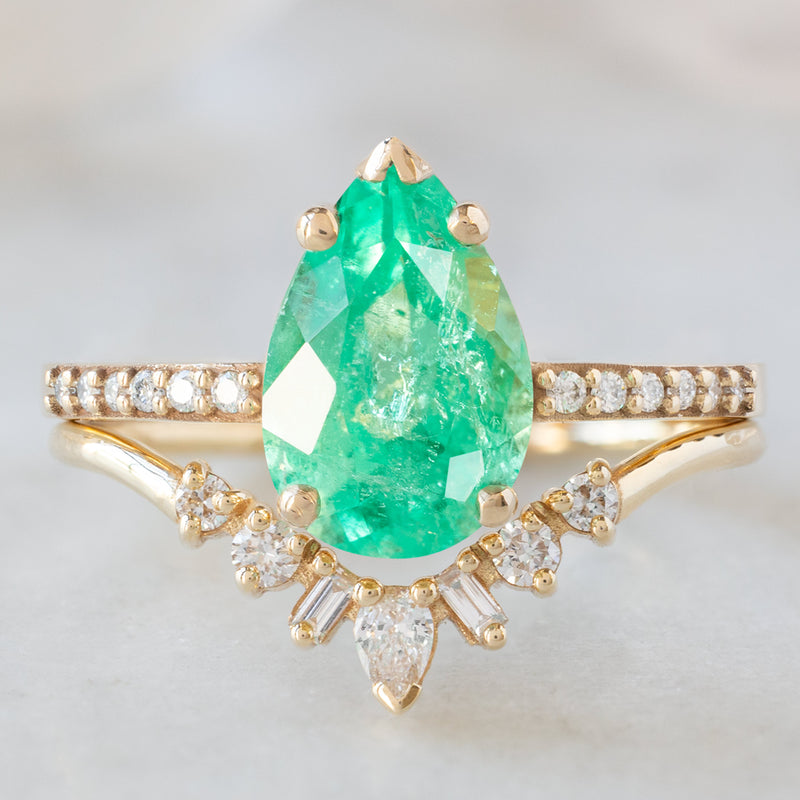 The Willow Ring with a 1.47ct Pear Emerald in 14K Yellow Gold with Geometric White Diamond Sunburst Stacking Band