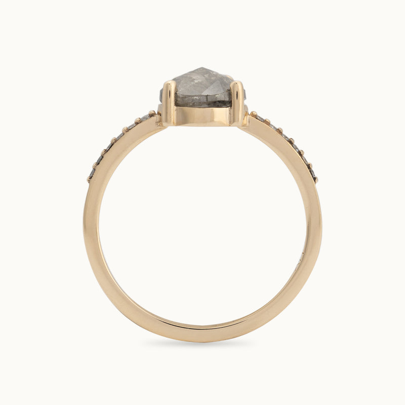 Profile View of The Willow Ring with a 1.78ct Pear Salt and Pepper Diamond on White Background