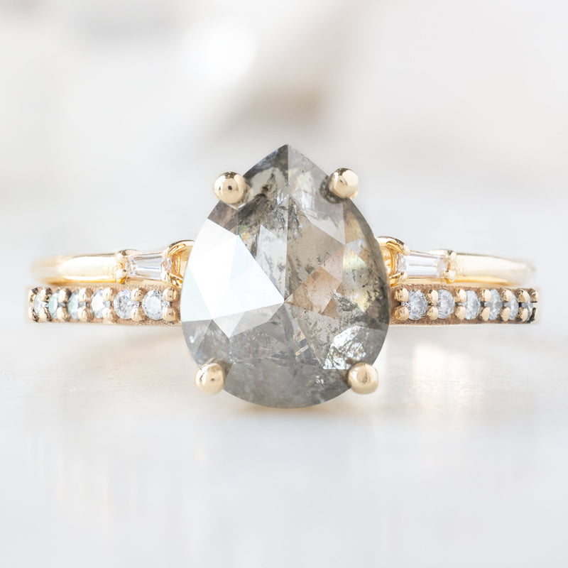 The Willow Ring with a 1.78ct Pear Salt and Pepper Diamond with Open Cuff Baguette Stacking Band