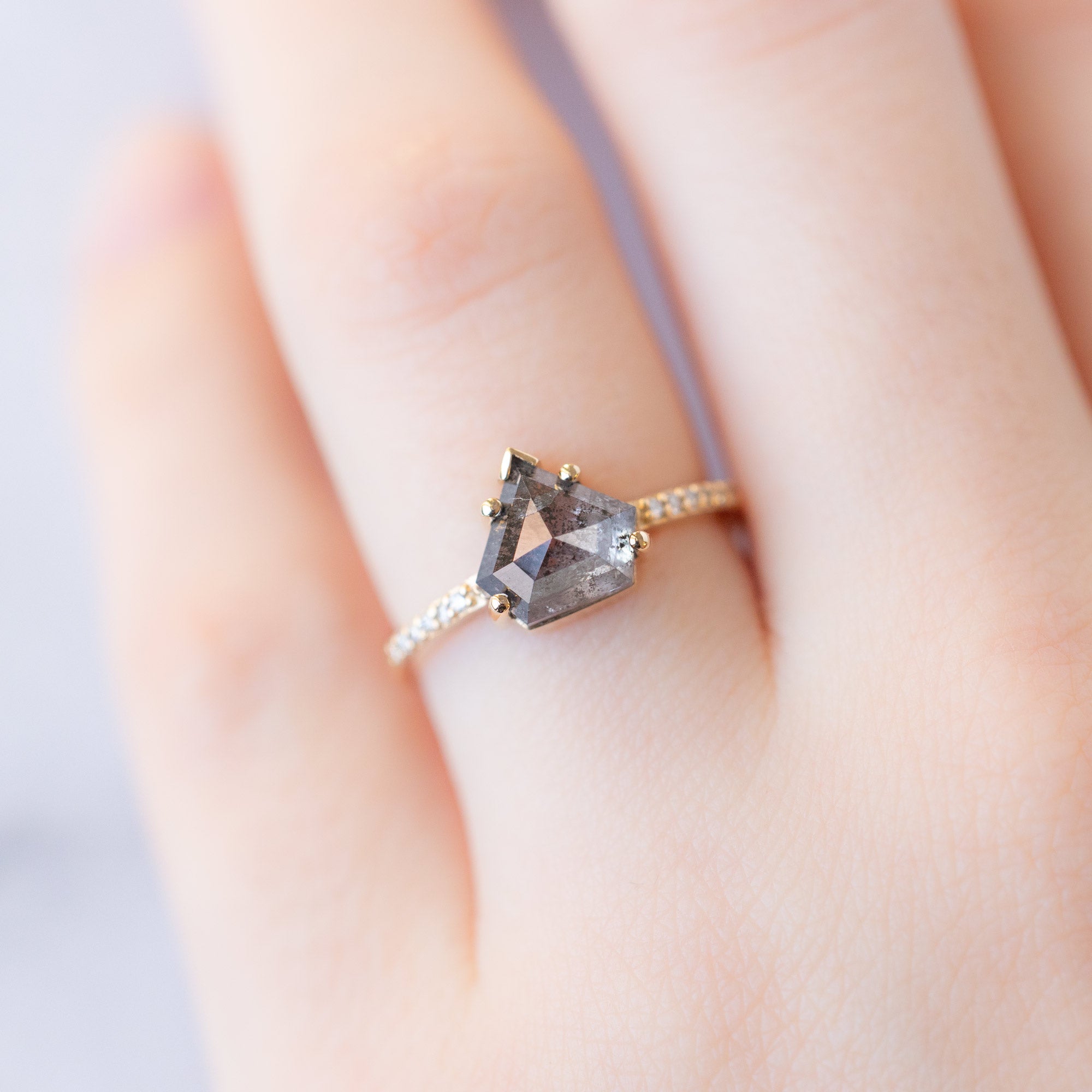 The Willow Ring with a 2.19ct Shield Salt and Pepper Diamond in 14K Yellow Gold on Model