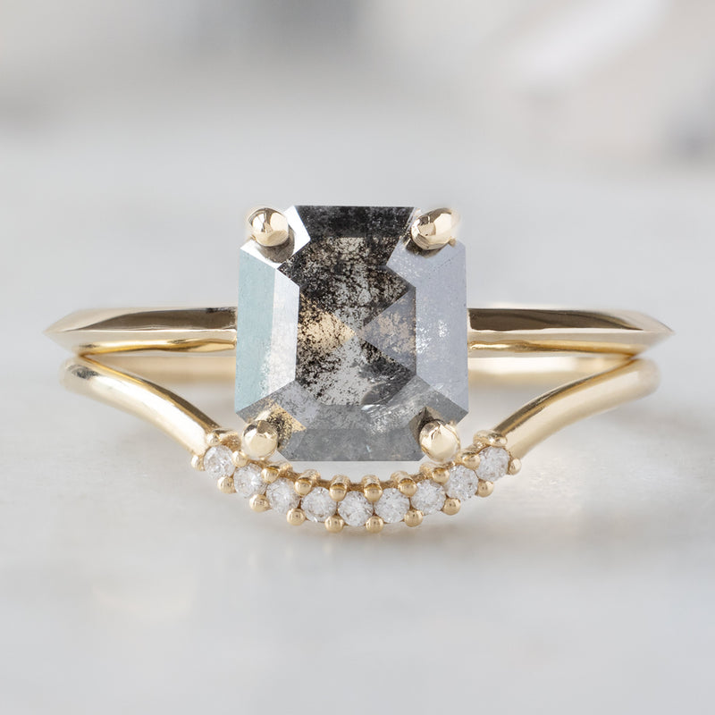 The Bryn Ring with a 1.46ct Emerald Cut Salt and Pepper Diamond in 14K Yellow Gold with Pavé Diamond Arc Stacking Band