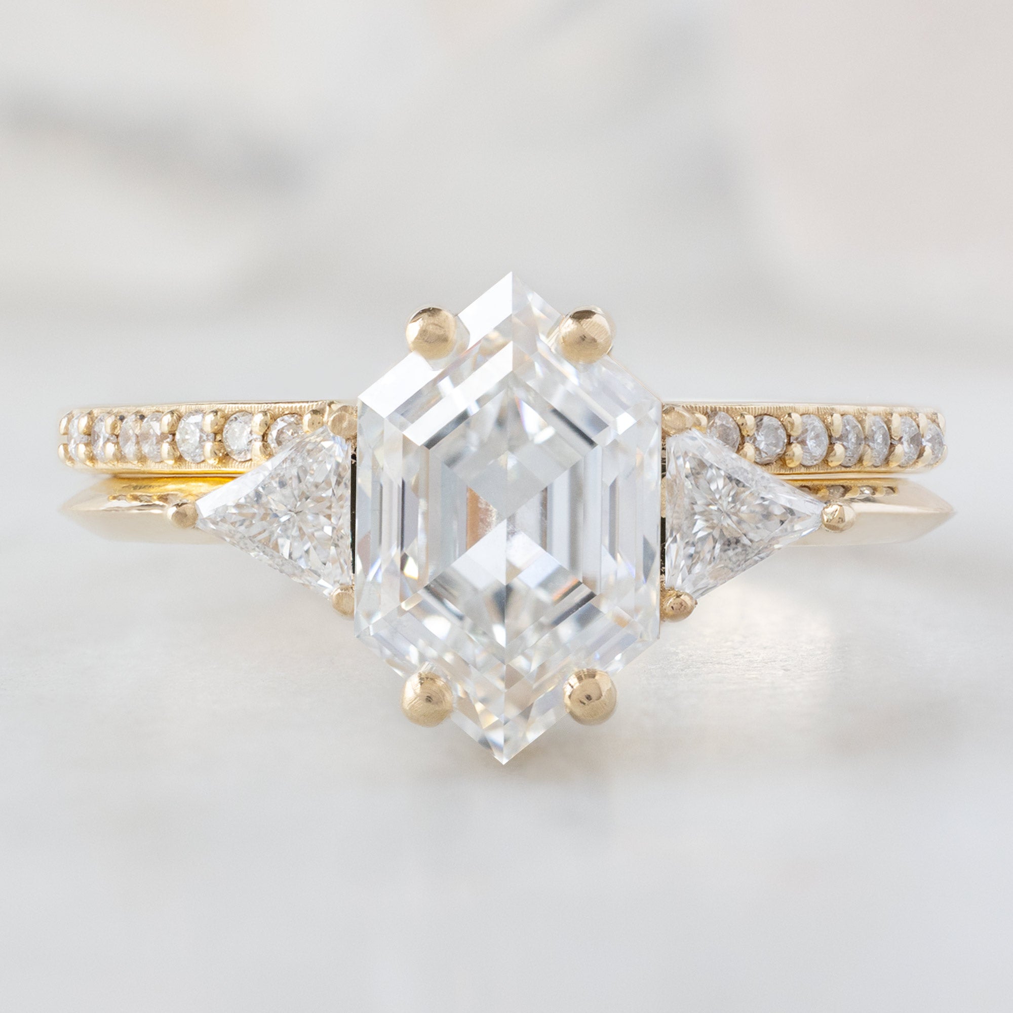 The Jade Ring on 1.65ct Hexagon White Lab Grown Diamond in 14K Yellow Gold  Stacked with the Open Cuff White Pavé Diamond Stacking Band