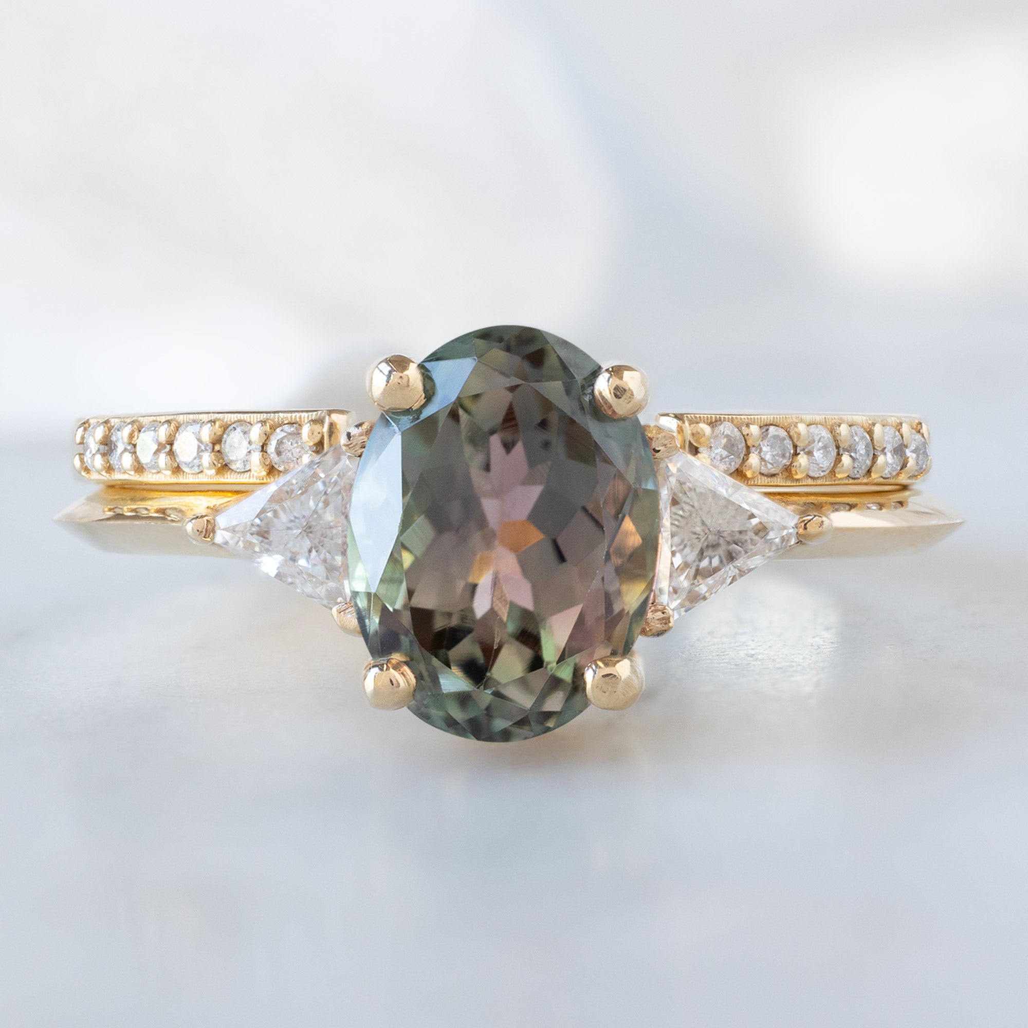 The Jade Ring with a 1.41ct Oval Green Tourmaline in 14K Yellow Gold Stacked with the Open Cuff White Pavé Diamond Stacking Band