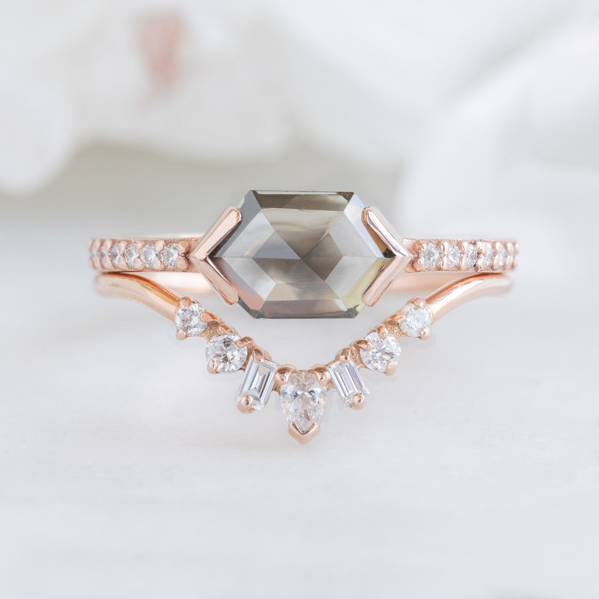 The Willow Ring | 1.26ct Hexagon Salt and Pepper Diamond in 14K Rose Gold