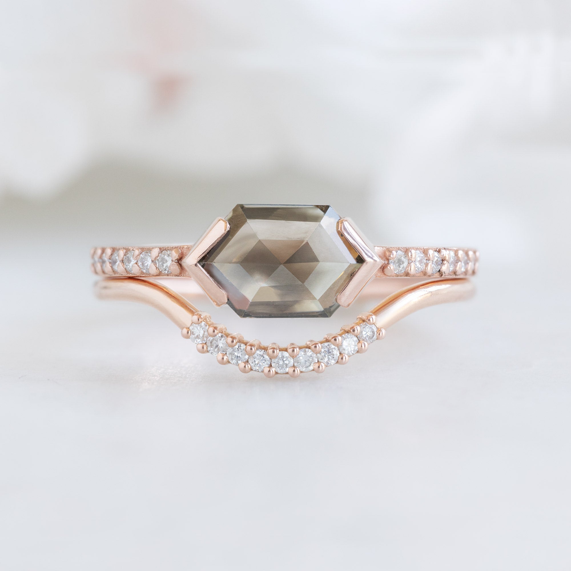 The Willow Ring | 1.26ct Hexagon Salt and Pepper Diamond in 14K Rose Gold