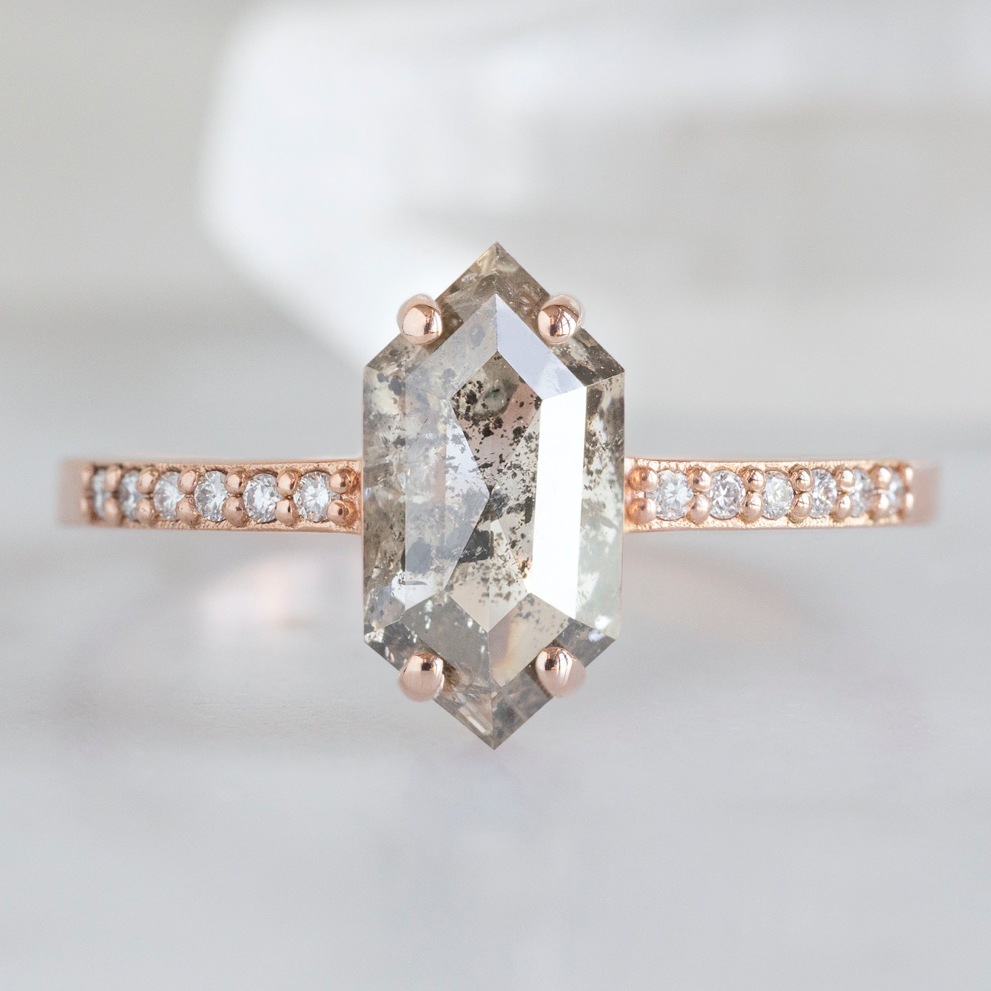 The Willow Ring with a 1.37ct Hexagon Salt and Pepper Diamond in 14K Rose Gold on Model