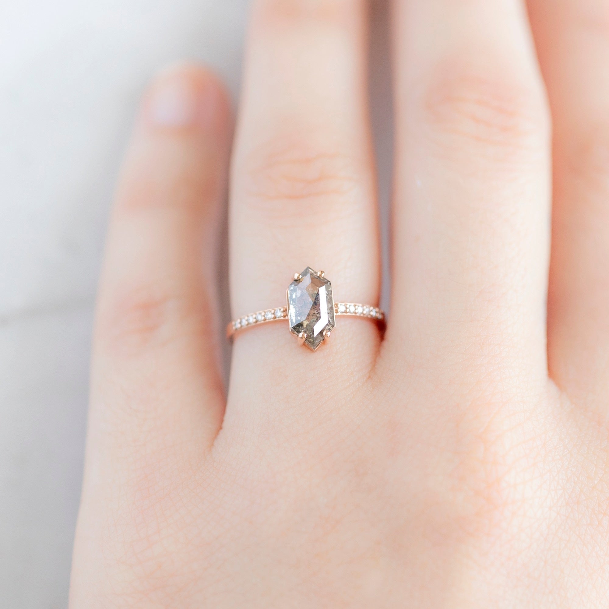 The Willow Ring with a 1.37ct Hexagon Salt and Pepper Diamond in 14K Rose Gold on Model