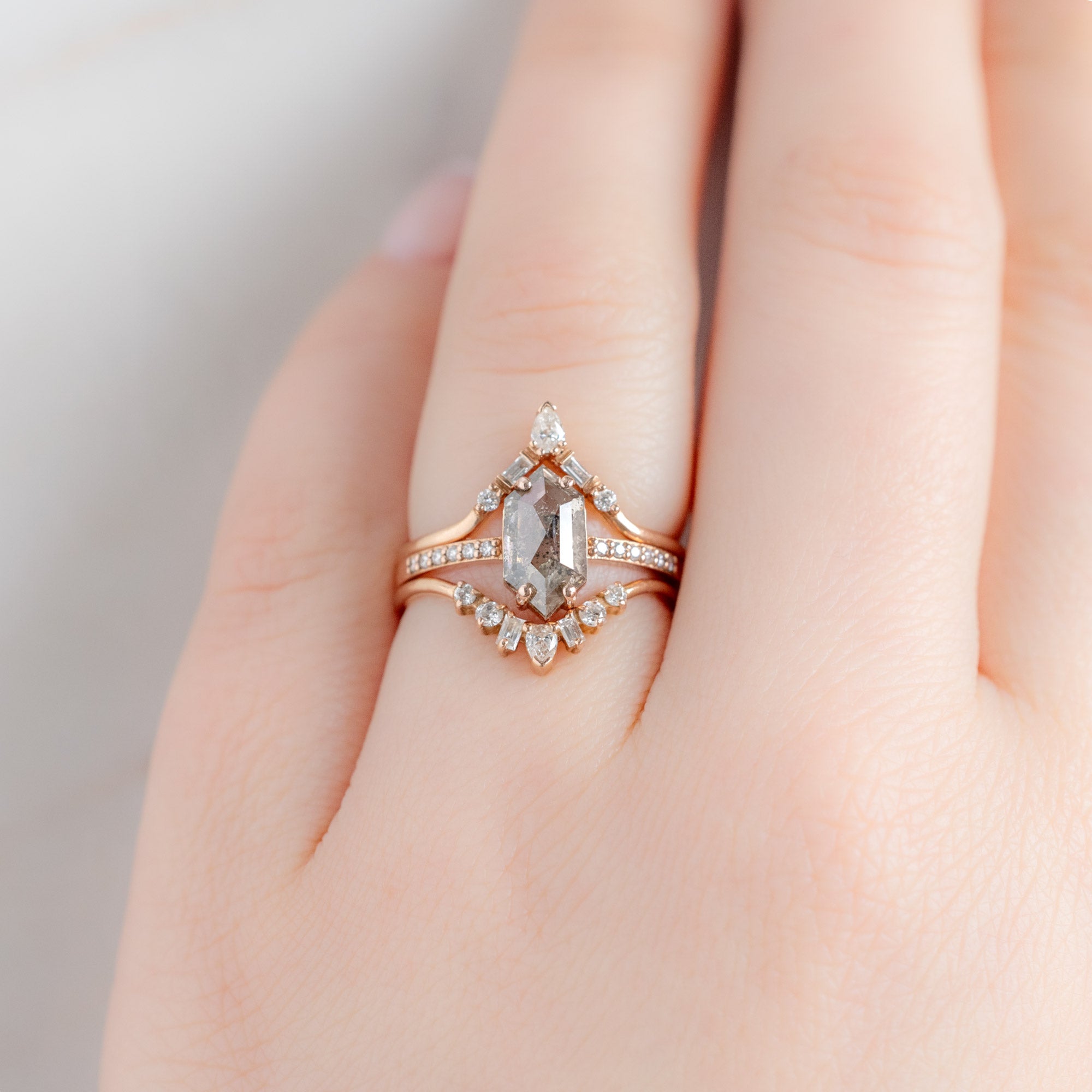 buy:white-diamond-tiara-stacking-band-14k-or-18k-rose-gold,the-willow-ring-1-37ct-hexagon-salt-and-pepper-diamond-in-14k-rose-gold,geometric-white-diamond-sunburst-stacking-band-14k-or-18k-rose-gold