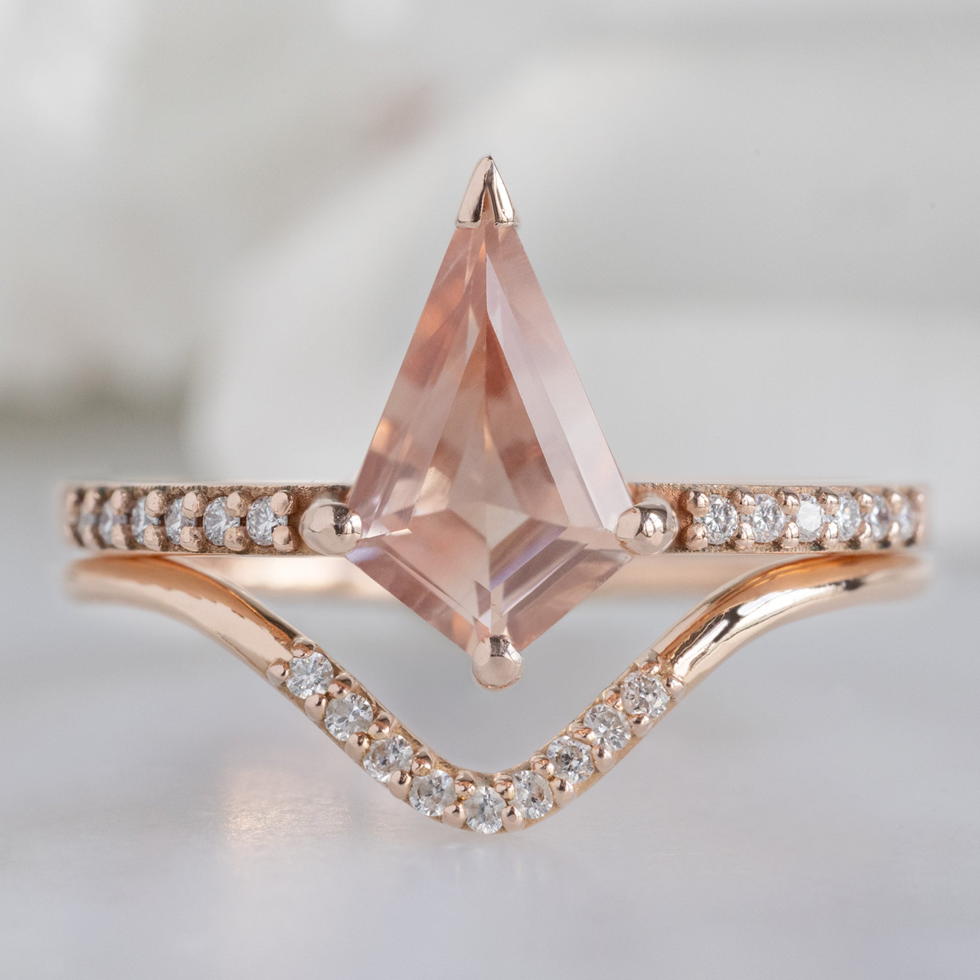 The Willow Ring with a 0.79ct Kite Sunstone in 14K Rose Gold Stacked with the Pavé Peak Diamond Stacking Band