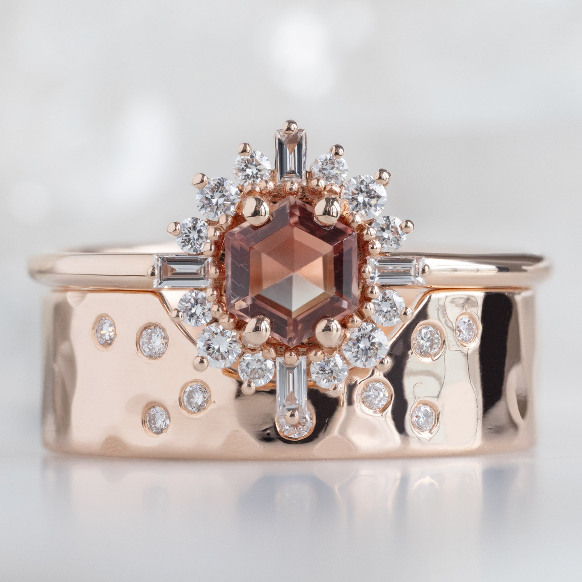 The Compass Ring with a 0.37ct Hexagon Sunstone in 14K Rose Gold Stacked with the Constellation Cut-Out Stacking Band