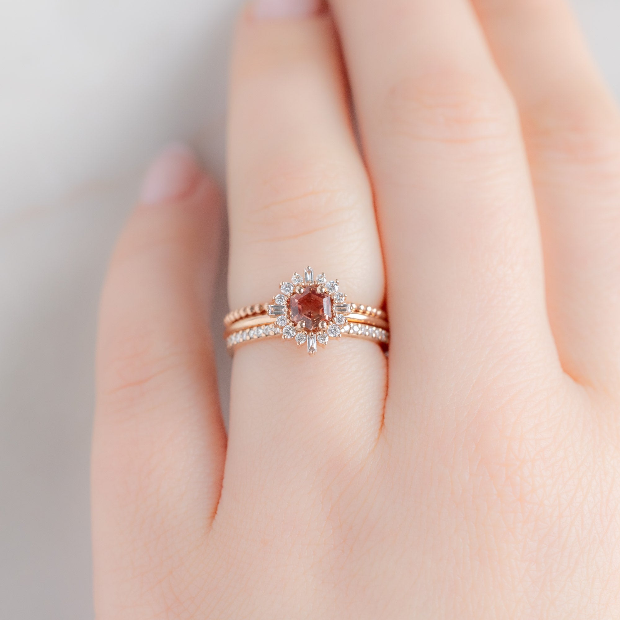 buy:the-gold-beaded-stacking-ring-14k-rose-gold,the-compass-ring-0-37ct-hexagon-sunstone-in-14k-rose-gold,the-white-diamond-pave-wedding-band-14k-or-18k-rose-gold