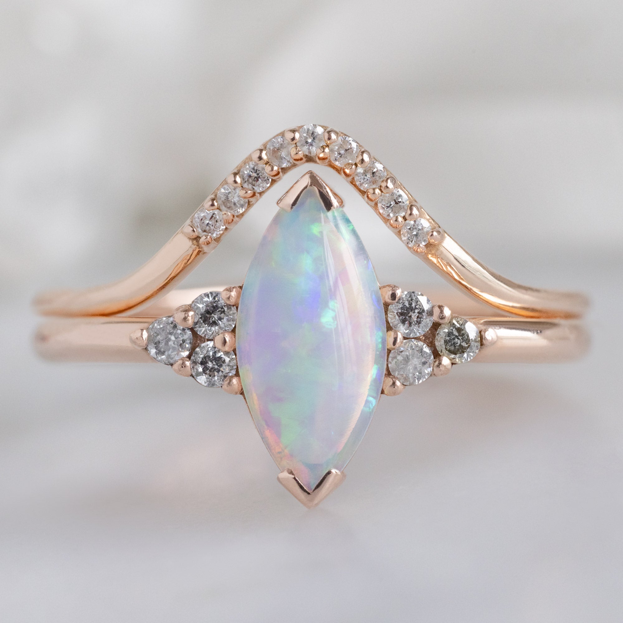 The Ivy Ring with a 0.37ct Marquise Opal in 14K Rose Gold Stacked with Pavé Diamond Peak Stacking Band