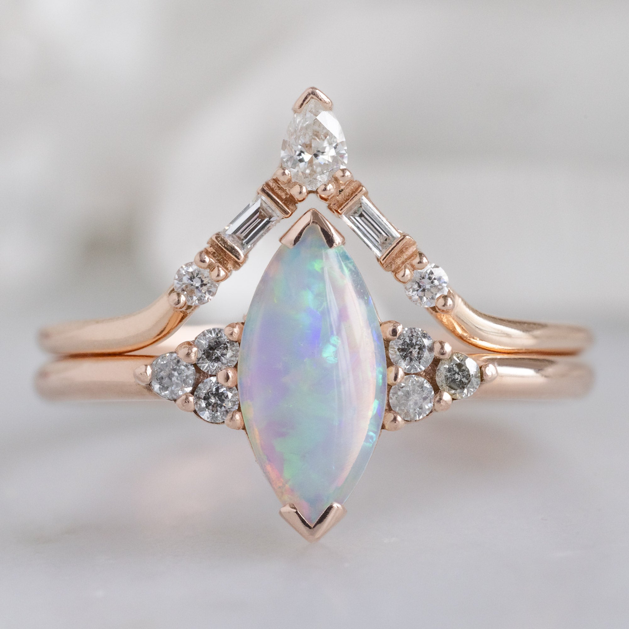 The Ivy Ring with a 0.37ct Marquise Opal in 14K Rose Gold Stacked with the Diamond Tiara Stacking Band