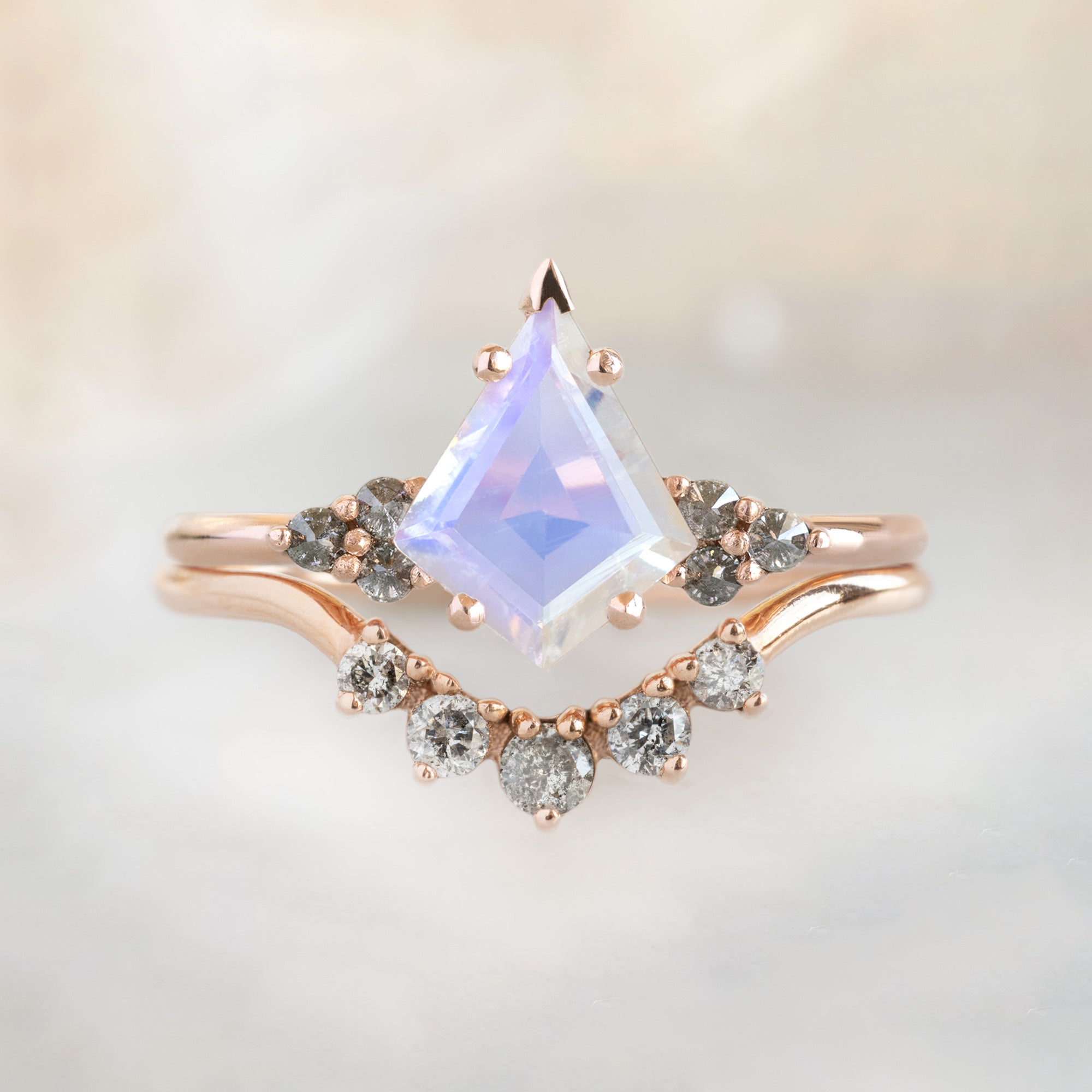 buy:the-ivy-ring-0-96ct-kite-moonstone-in-14k-rose-gold,round-salt-and-pepper-diamond-sunburst-stacking-band-14k-or-18k-rose-gold