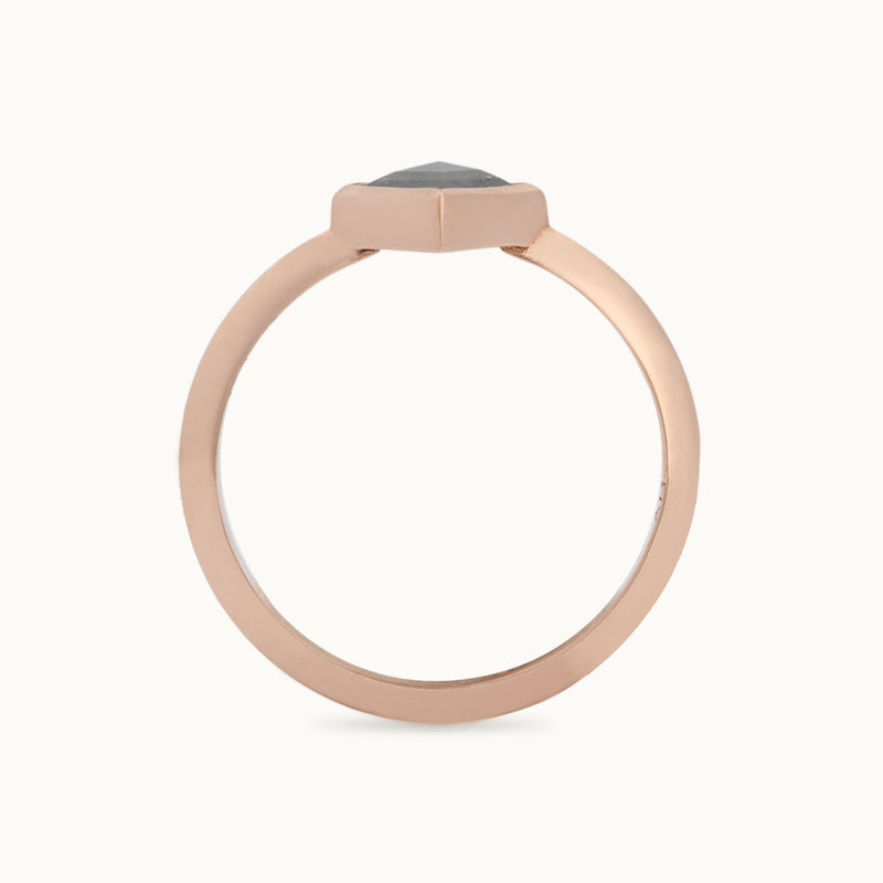 Profile View of The Hazel Ring with a 1.13ct Kite Black Diamond in 14K Rose Gold on White Background