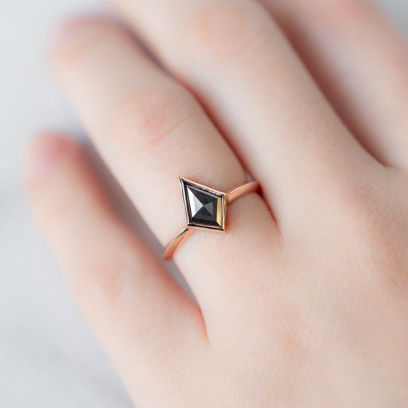 The Hazel Ring with a 1.13ct Kite Black Diamond in 14K Rose Gold on Model