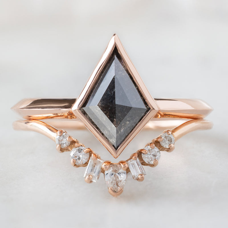 The Hazel Ring with a 1.13ct Kite Black Diamond in 14K Rose Gold Stacked with Geometric White Diamond Sunburst Stacked Band