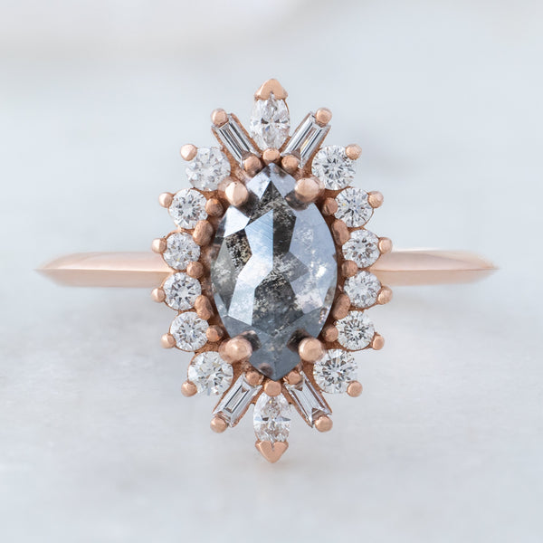 The Camellia Ring with a 0.94ct Marquise Cut Black Diamond in 14K Rose Gold