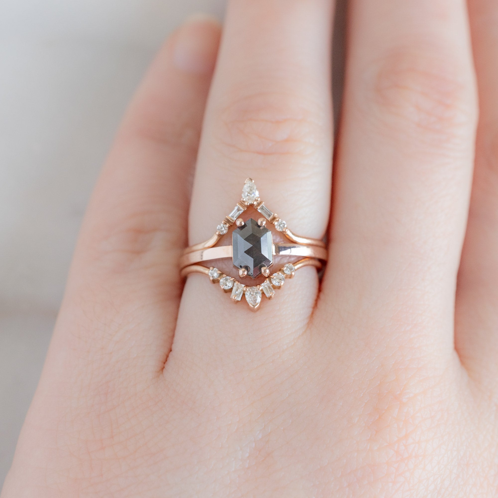 buy:one-of-a-kind-white-diamond-tiara-stacking-band-14k-or-18k-rose-gold,the-bryn-ring-0-88ct-black-hexagon-diamond-in-14k-rose-gold,one-of-a-kind-geometric-white-diamond-sunburst-stacking-band-14k-or-18k-rose-gold