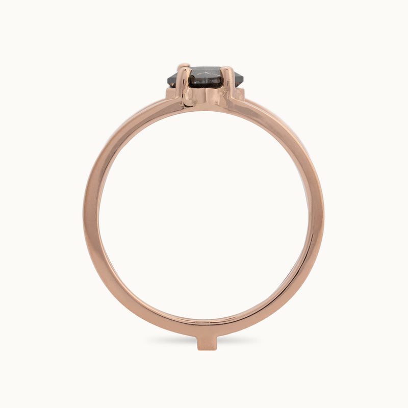 Profile View of The Poppy Ring with a 1.21ct Lab Grown Salt and Pepper Hexagon in 14K Rose Gold