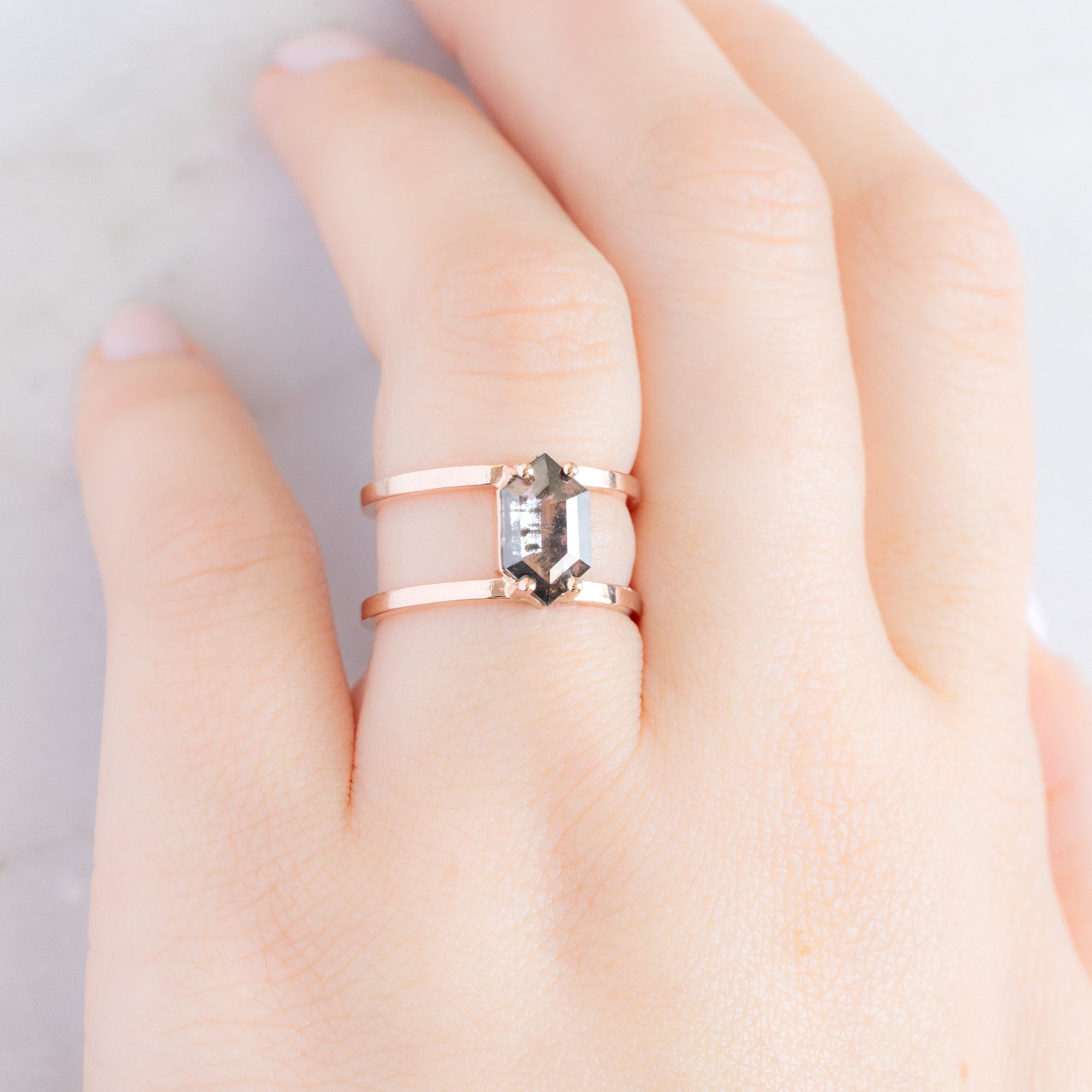 The Poppy Ring with a .21ct Lab Grown Salt and Pepper Hexagon in 14K Rose Gold on Model