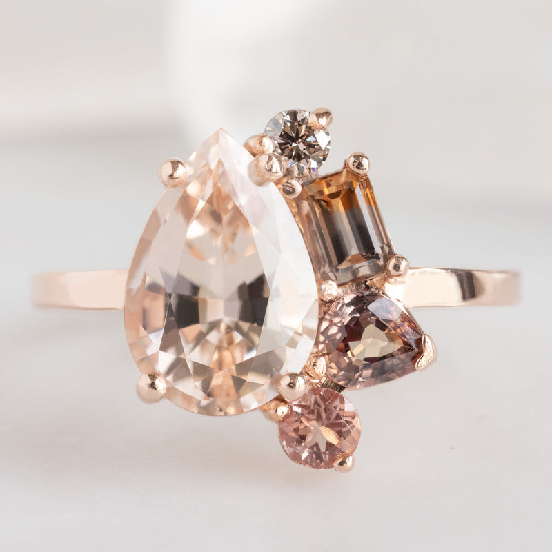 The Watercolor Cluster Ring with a 1.86ct Pear Morganite in 14K Rose Gold on white background