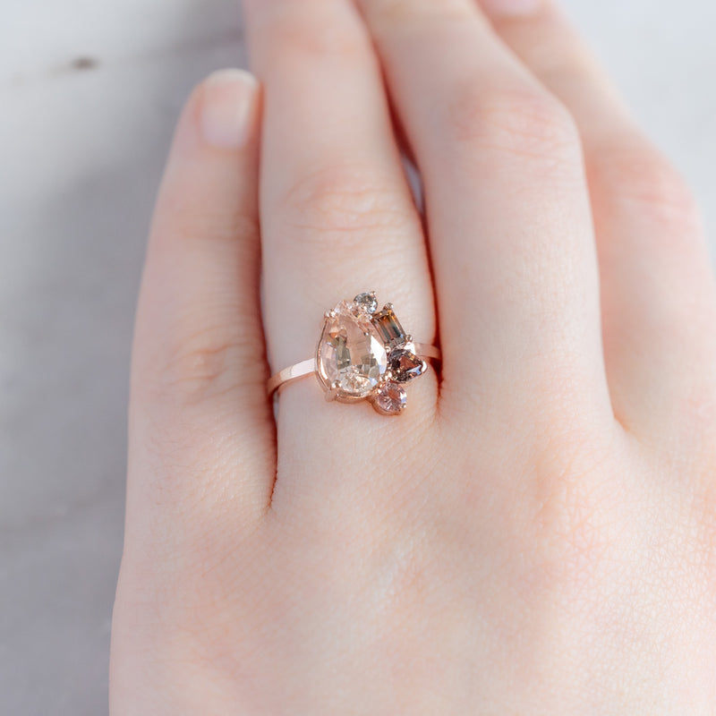 The Watercolor Cluster Ring with a 1.86ct Pear Morganite in 14K Rose Gold  on Model