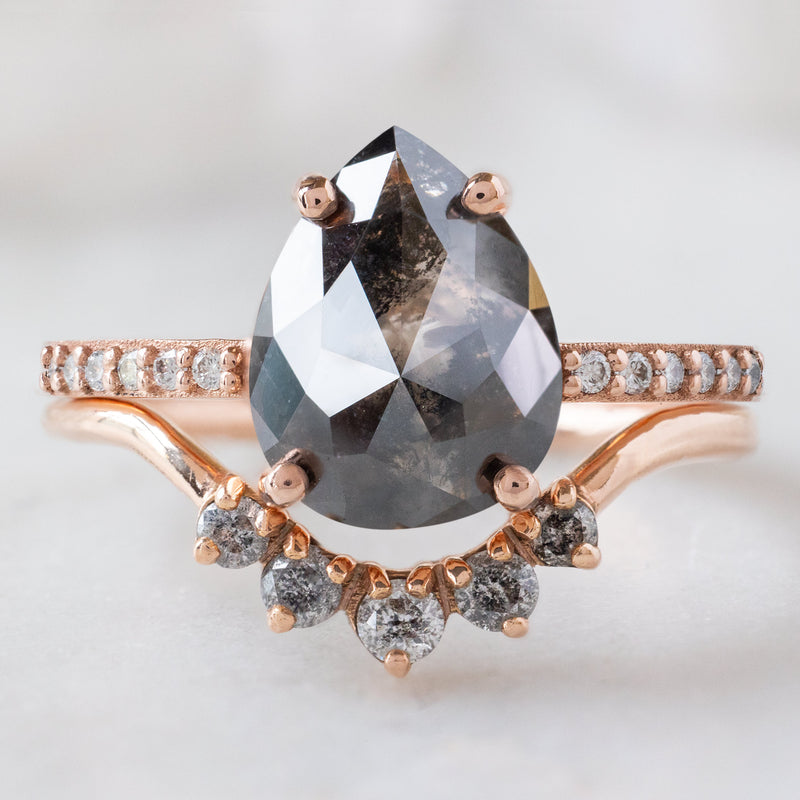 The Willow Ring with a 2.01ct Pear Black Diamond in 14K Rose Gold with Round Salt and Pepper Diamond Sunburst Stacking Band