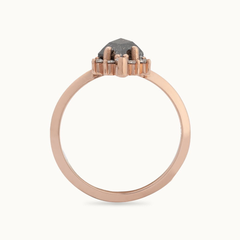 Profile View of The Aster Ring with a 1.14ct Kite Black Diamond in 14K Rose Gold on White Background