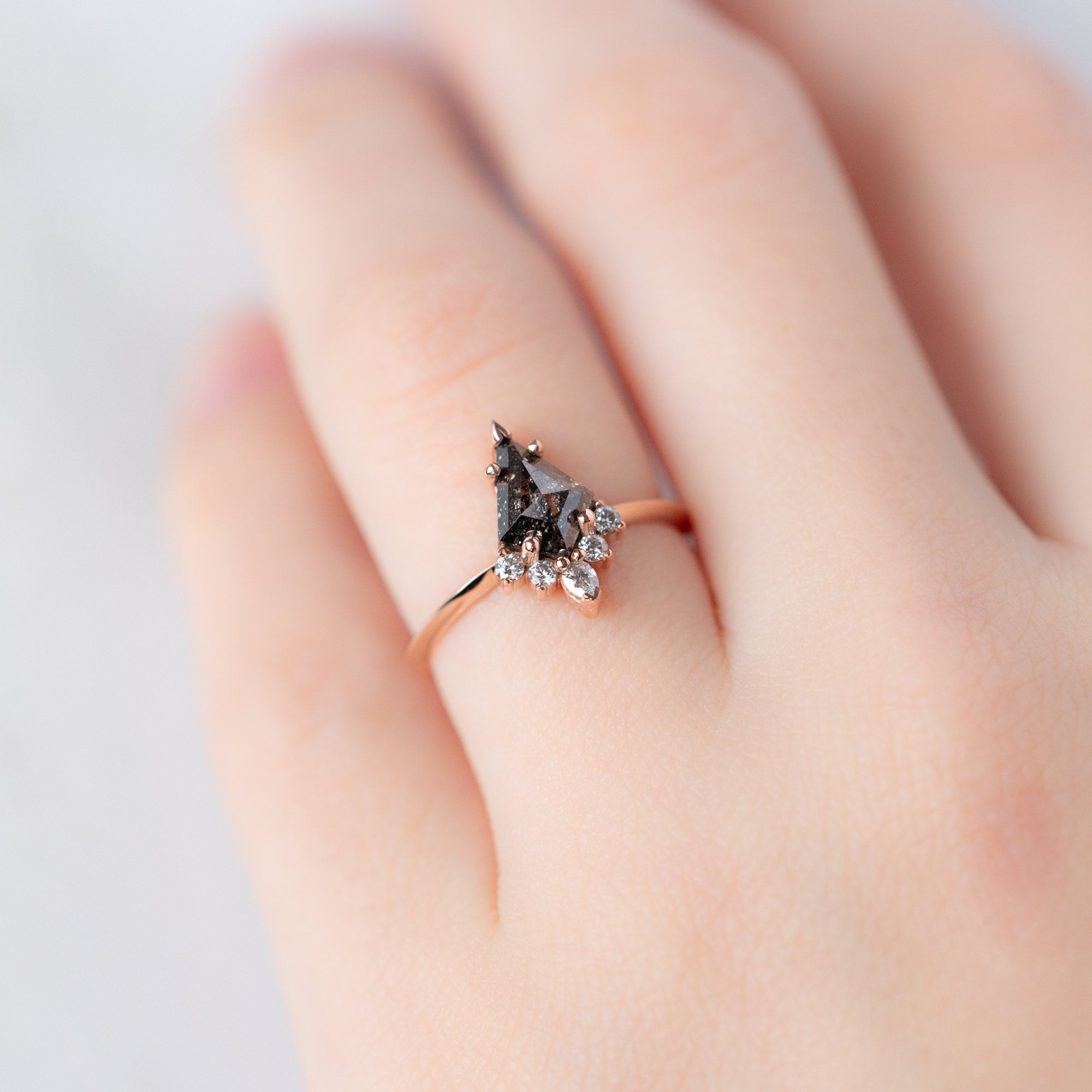 The Aster Ring with a 1.14ct Kite Black Diamond in 14K Rose Gold on Model