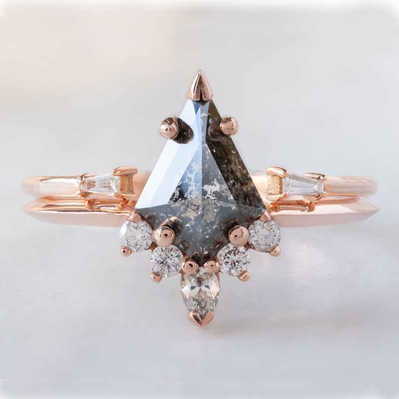 The Aster Ring with a 1.14ct Kite Black Diamond in 14K Rose Gold Stacked with Open Cuff Baguette Diamond Stacking Band