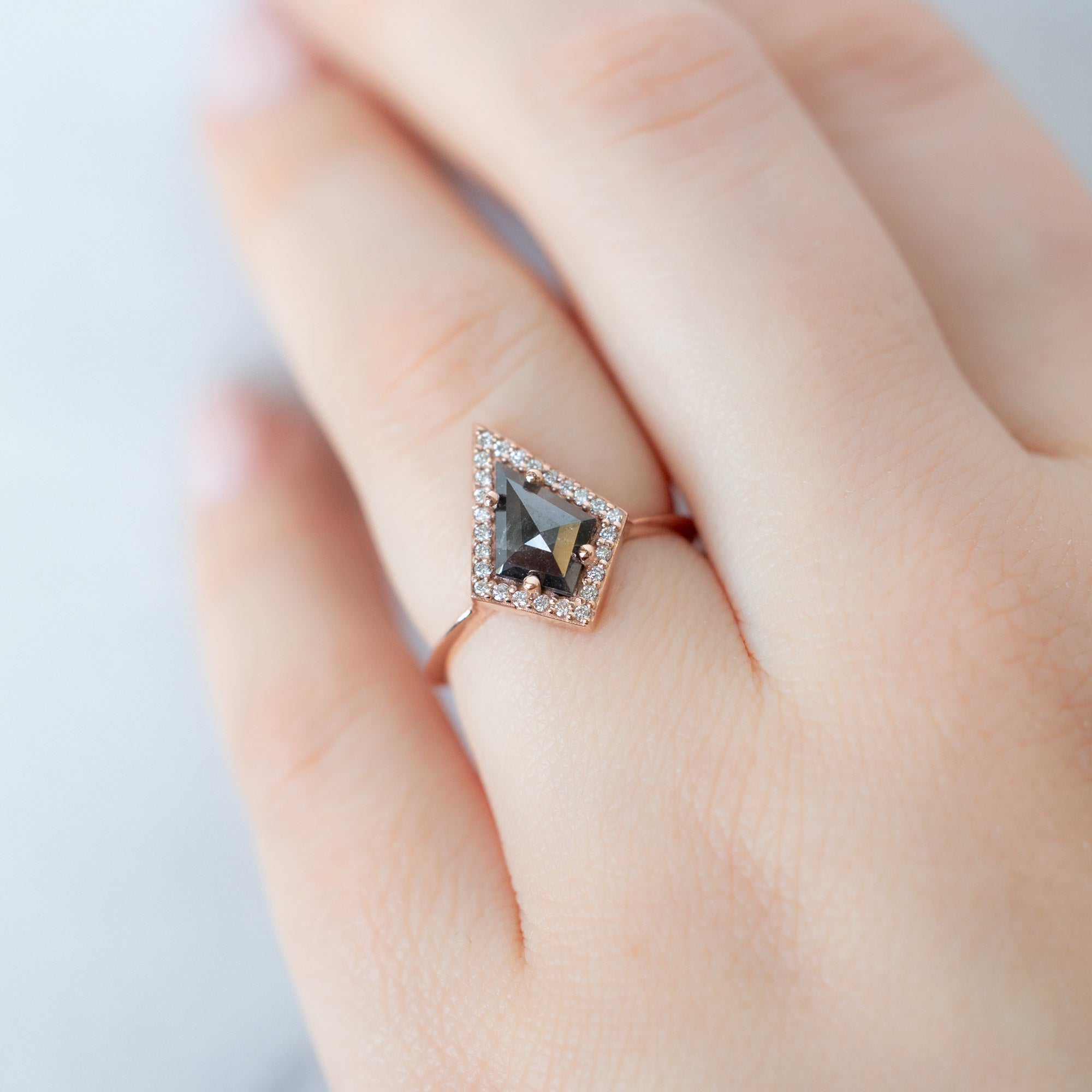 The Dahlia Ring with a 0.89ct Black Kite Diamond in 14K Rose Gold on Model