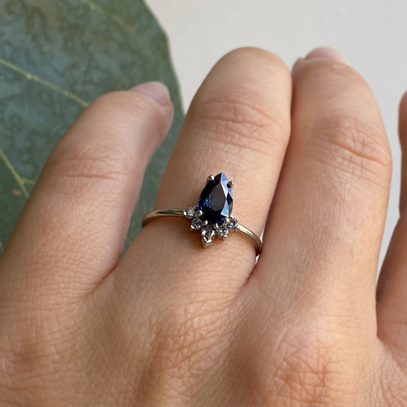 The Aster Ring | 0.90ct Pear Blue Sapphire in 14K White Gold