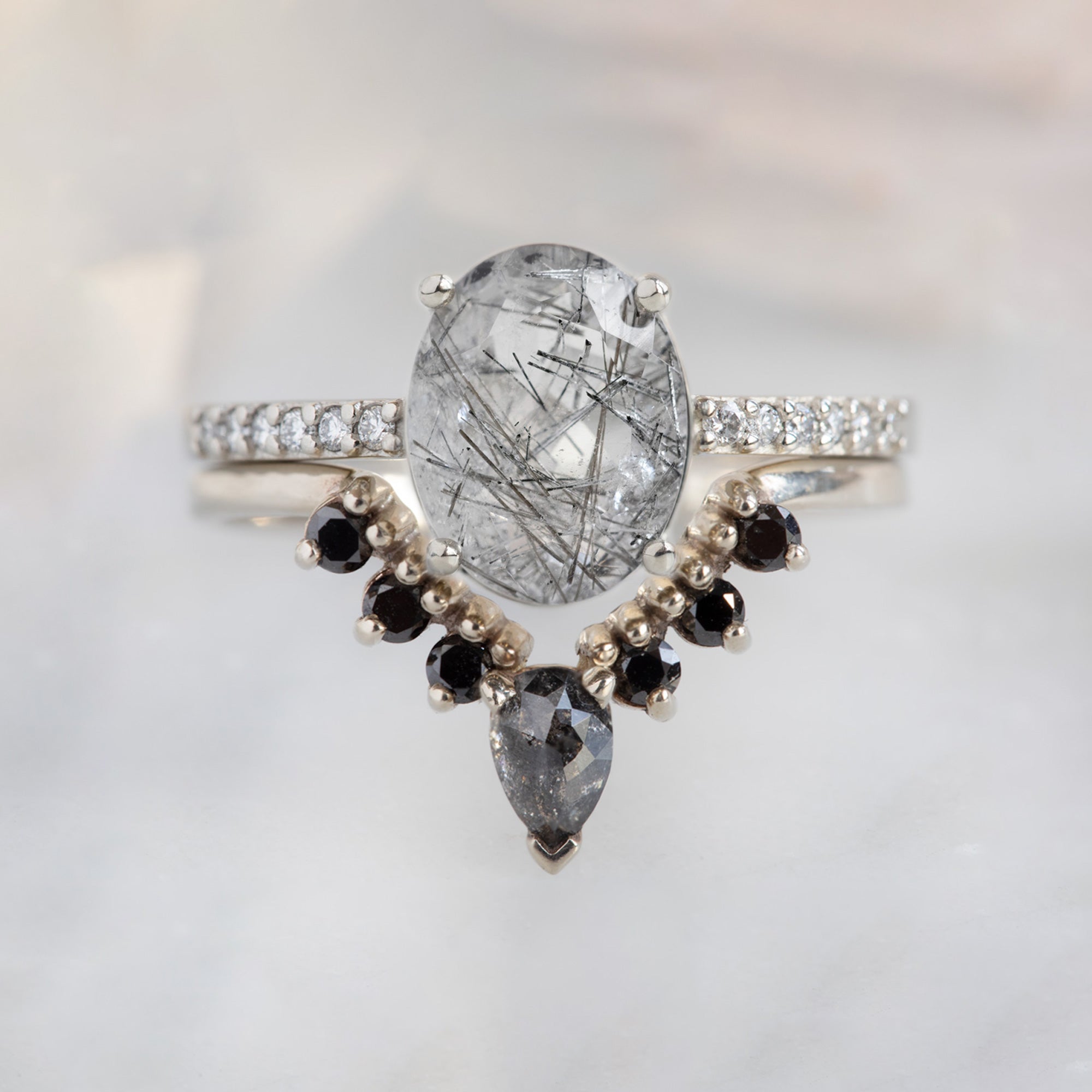 The Willow Ring with a 1.84ct Oval Tourmaline in Quartz in 14K White Gold  with Black Diamond Sunburst Stacking Band