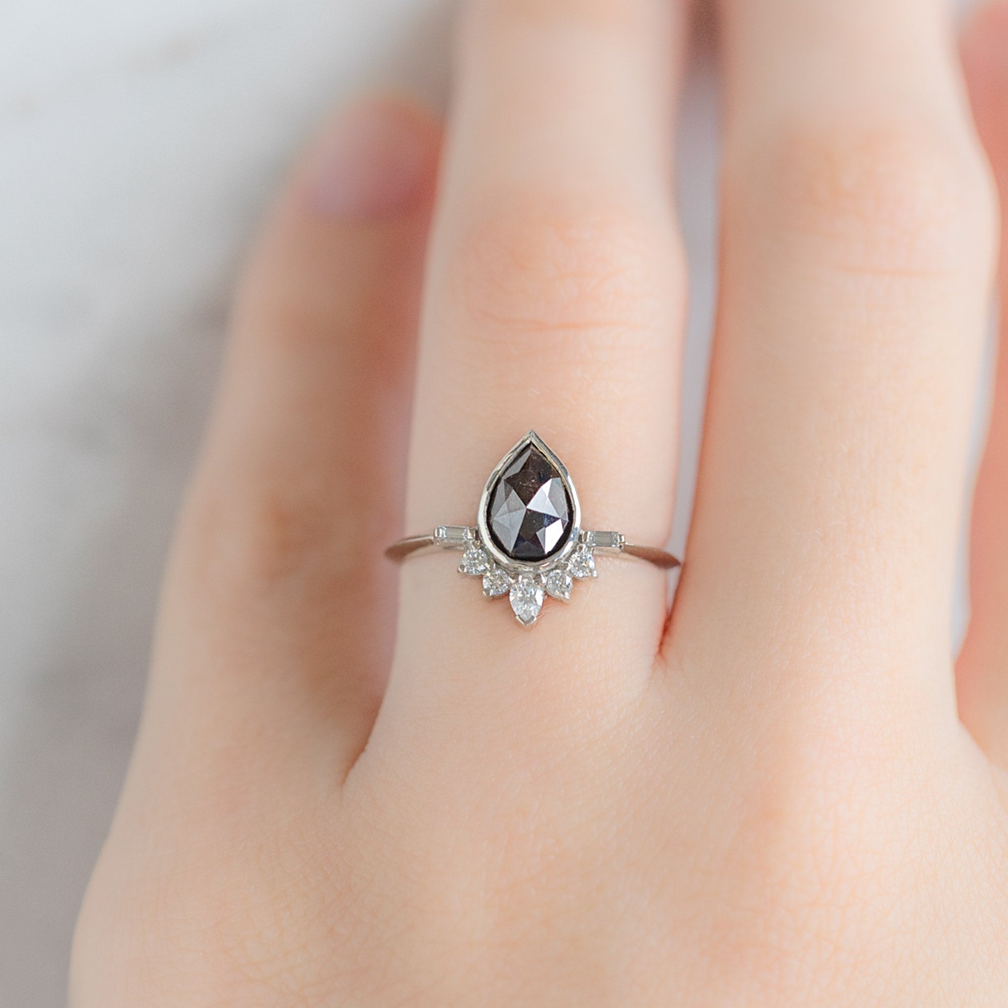 The Posy Ring | 1.29ct Pear Black Diamond in 14K White Gold