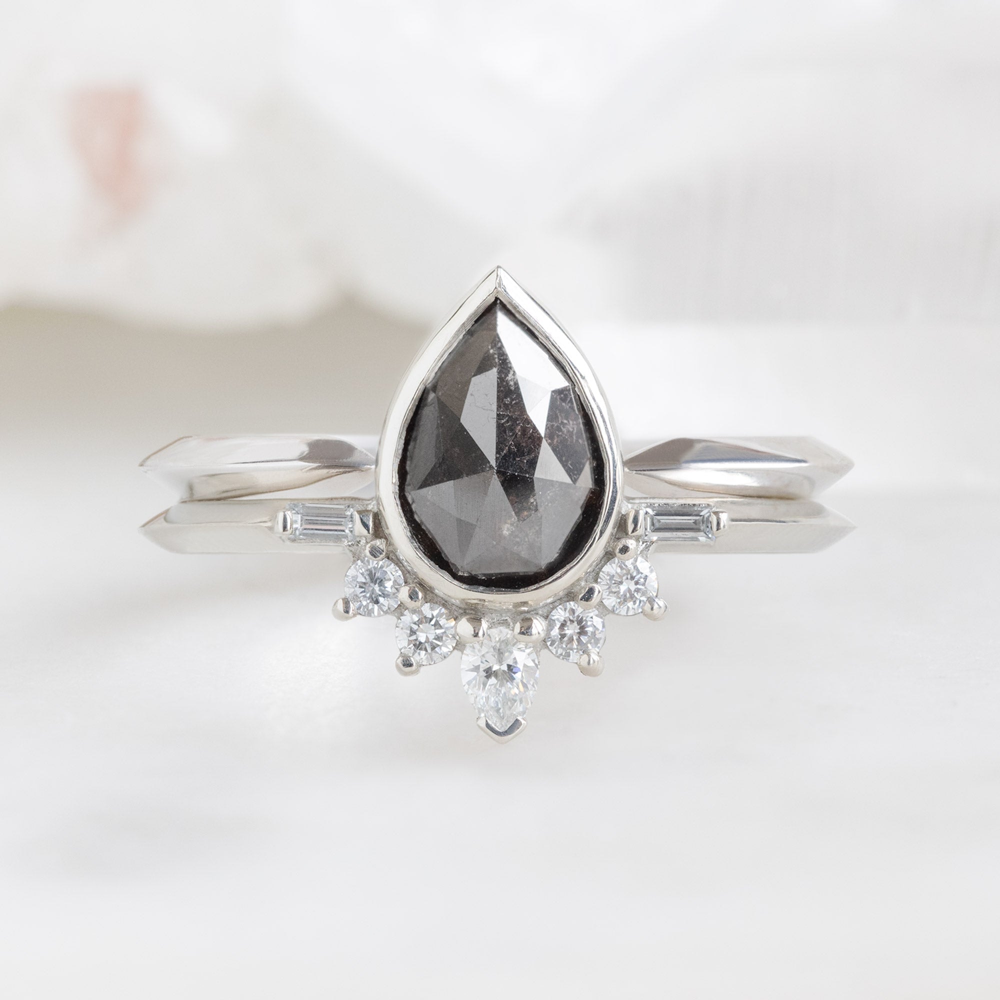 The Posy Ring | 1.29ct Pear Black Diamond in 14K White Gold