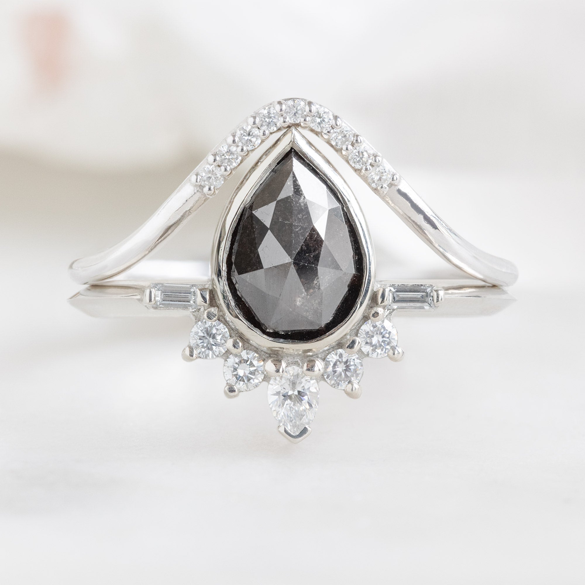 The Posy Ring | 1.29ct Pear Black Diamond in 14K White Gold