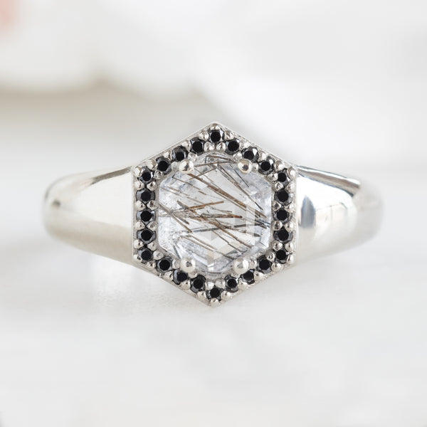 The Signet Ring | 0.70ct Hexagon Tourmaline in Quartz in 14K White Gold