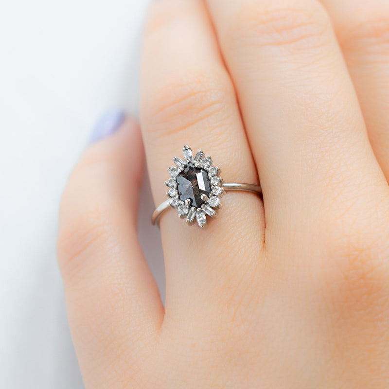 The Camellia Ring | 1.08ct Hexagon Black Diamond in 14K White Gold