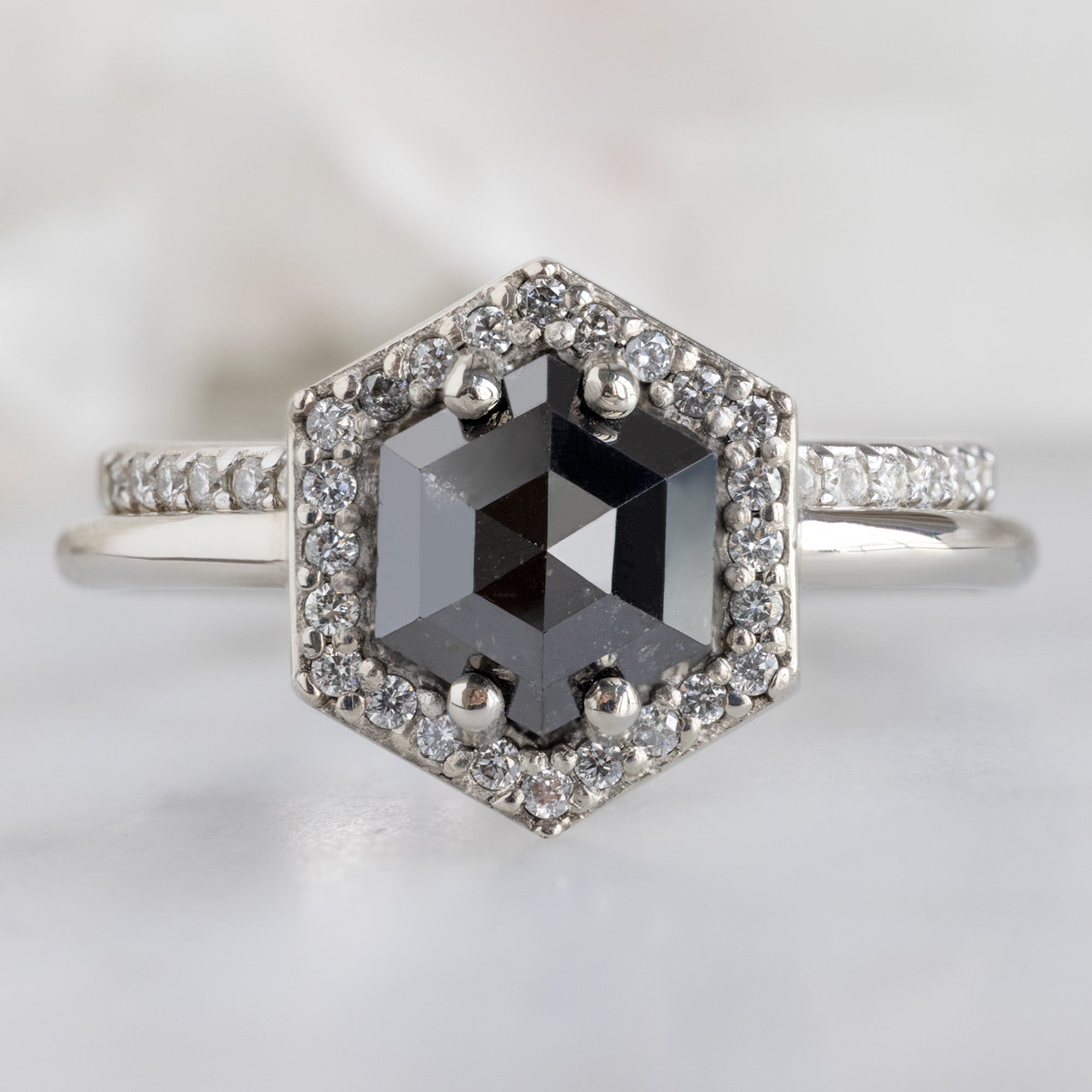 The Dahlia Ring with a 1.38ct Hexagon Black Diamond in 14K White Gold Stacked with the Open Cuff Pavé Diamond Stacking Band