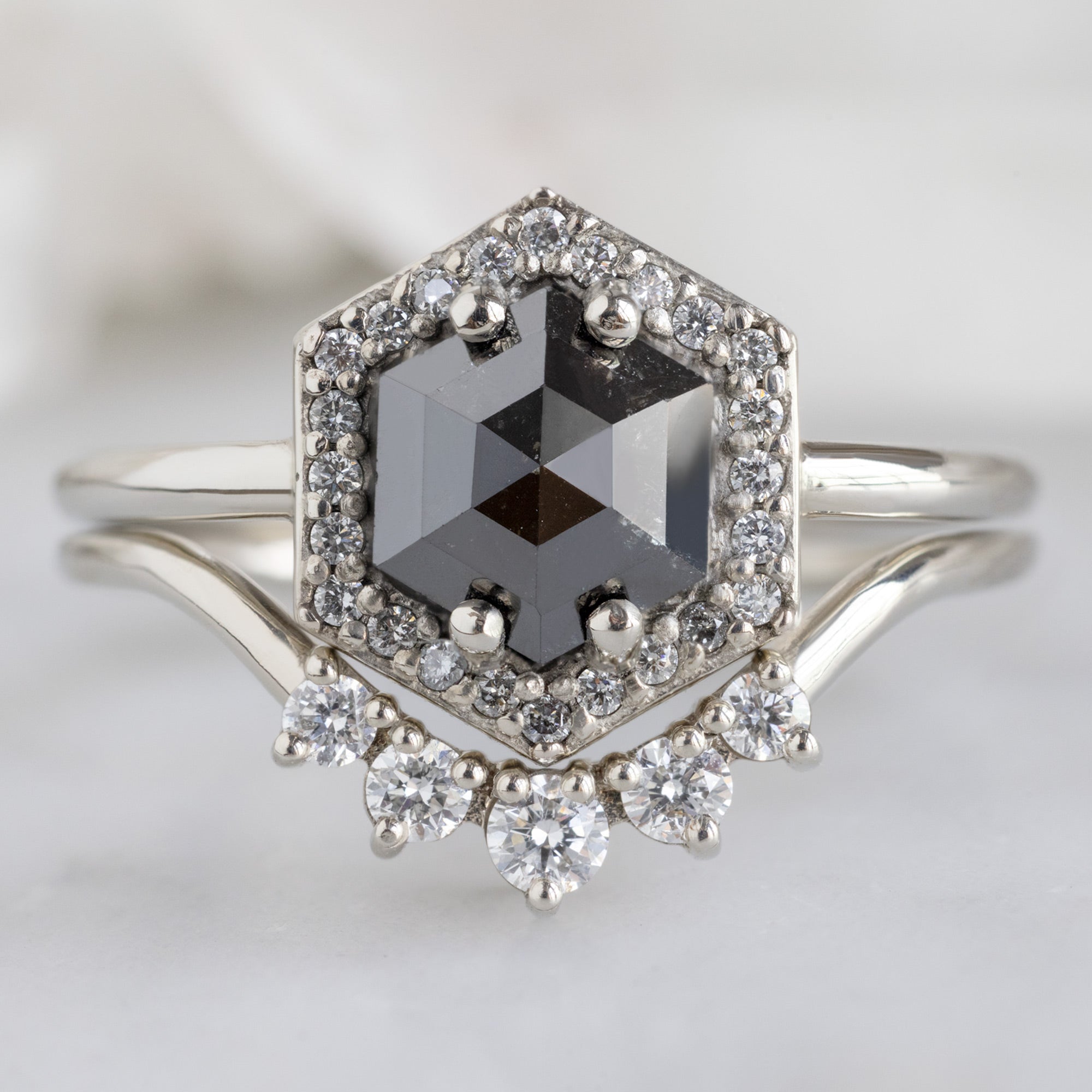 buy:the-dahlia-ring-1-38ct-hexagon-black-diamond-in-14k-white-gold,round-white-diamond-sunburst-stacking-band-14k-or-18k-white-gold