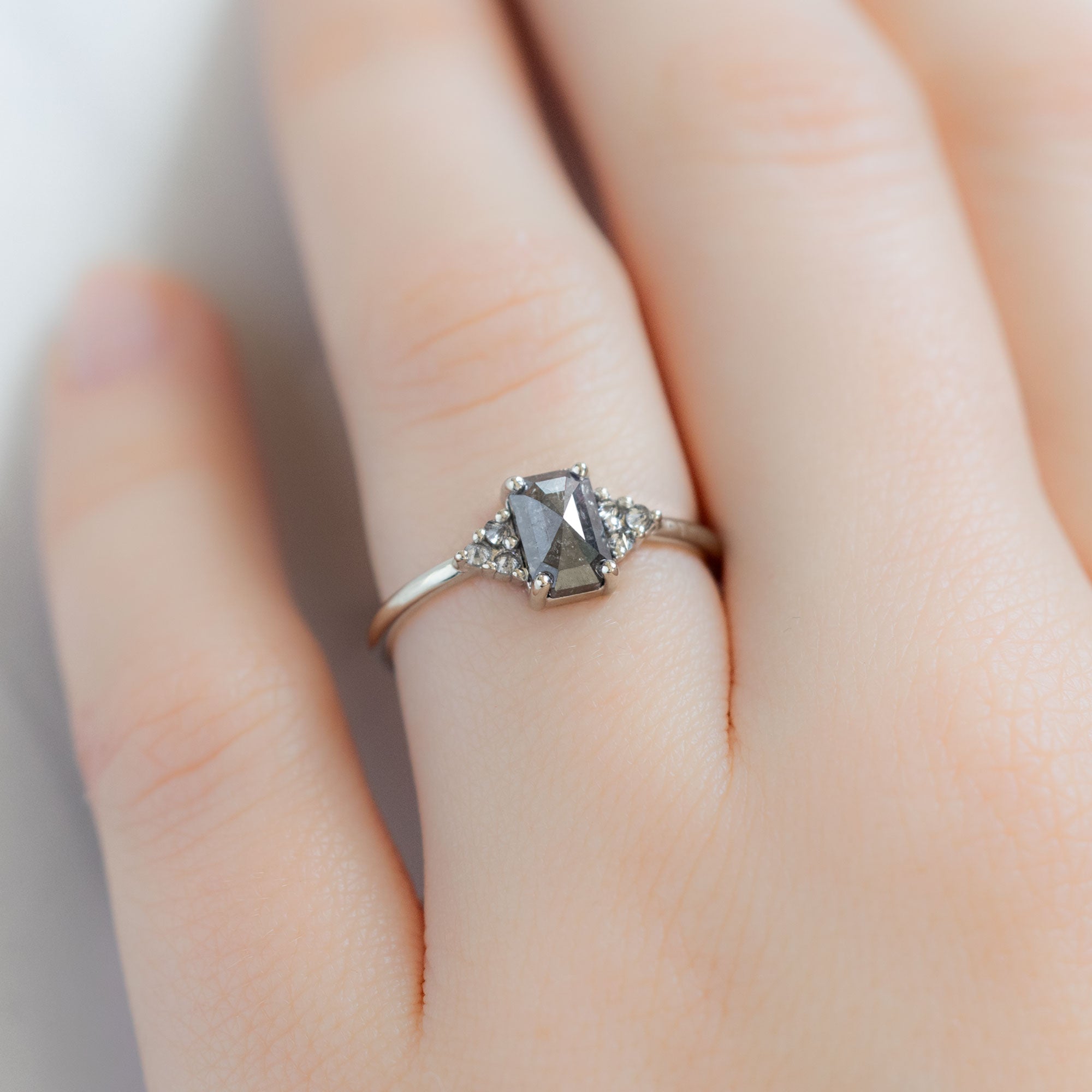 The Ivy Ring | 0.95ct Emerald Cut Salt and Pepper Diamond in 14K White Gold