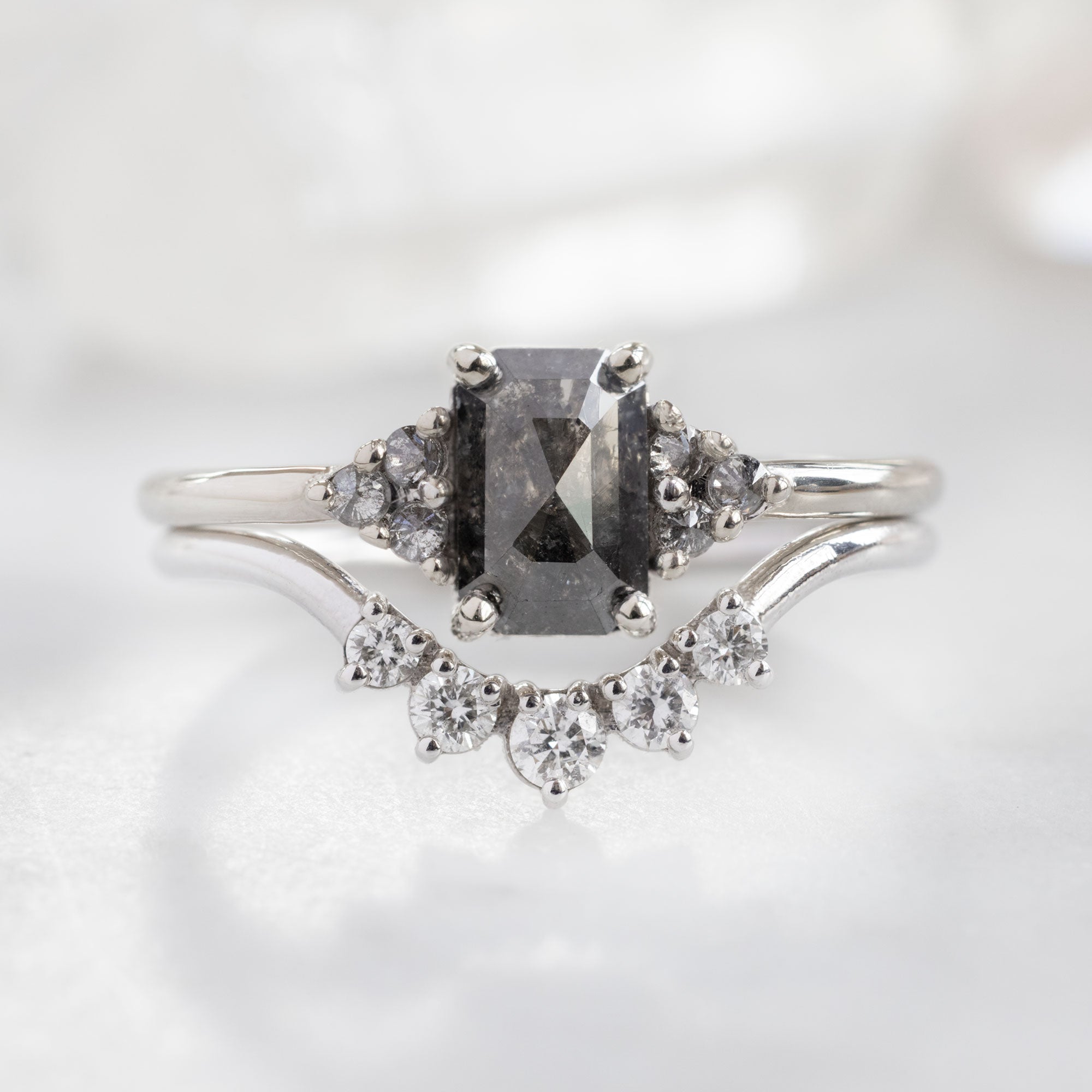 The Ivy Ring | 0.95ct Emerald Cut Salt and Pepper Diamond in 14K White Gold