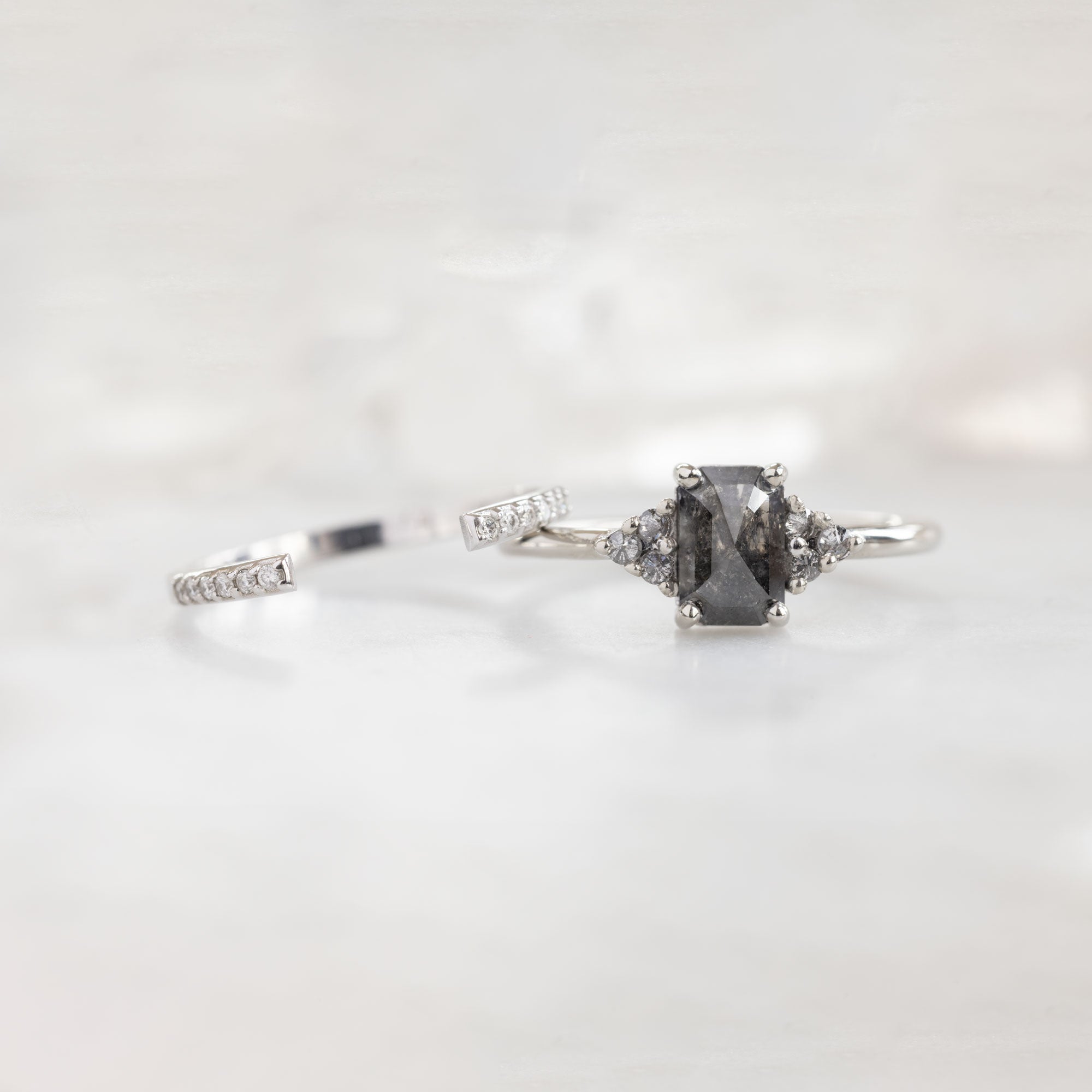 The Ivy Ring | 0.95ct Emerald Cut Salt and Pepper Diamond in 14K White Gold