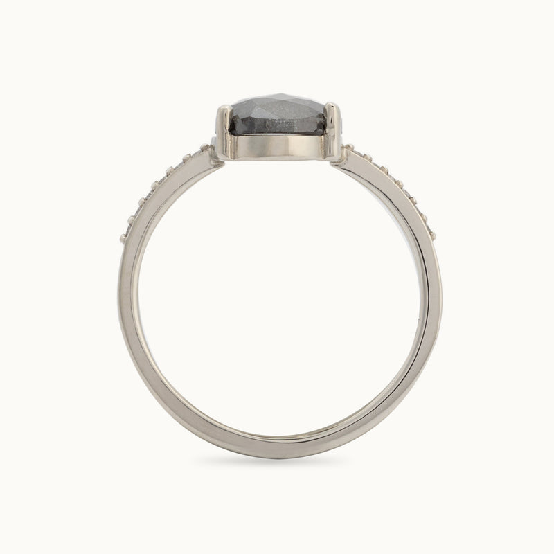 Profile View of The Willow Ring with a 2.87ct Lab Grown Salt and Pepper Pear in 14K White Gold