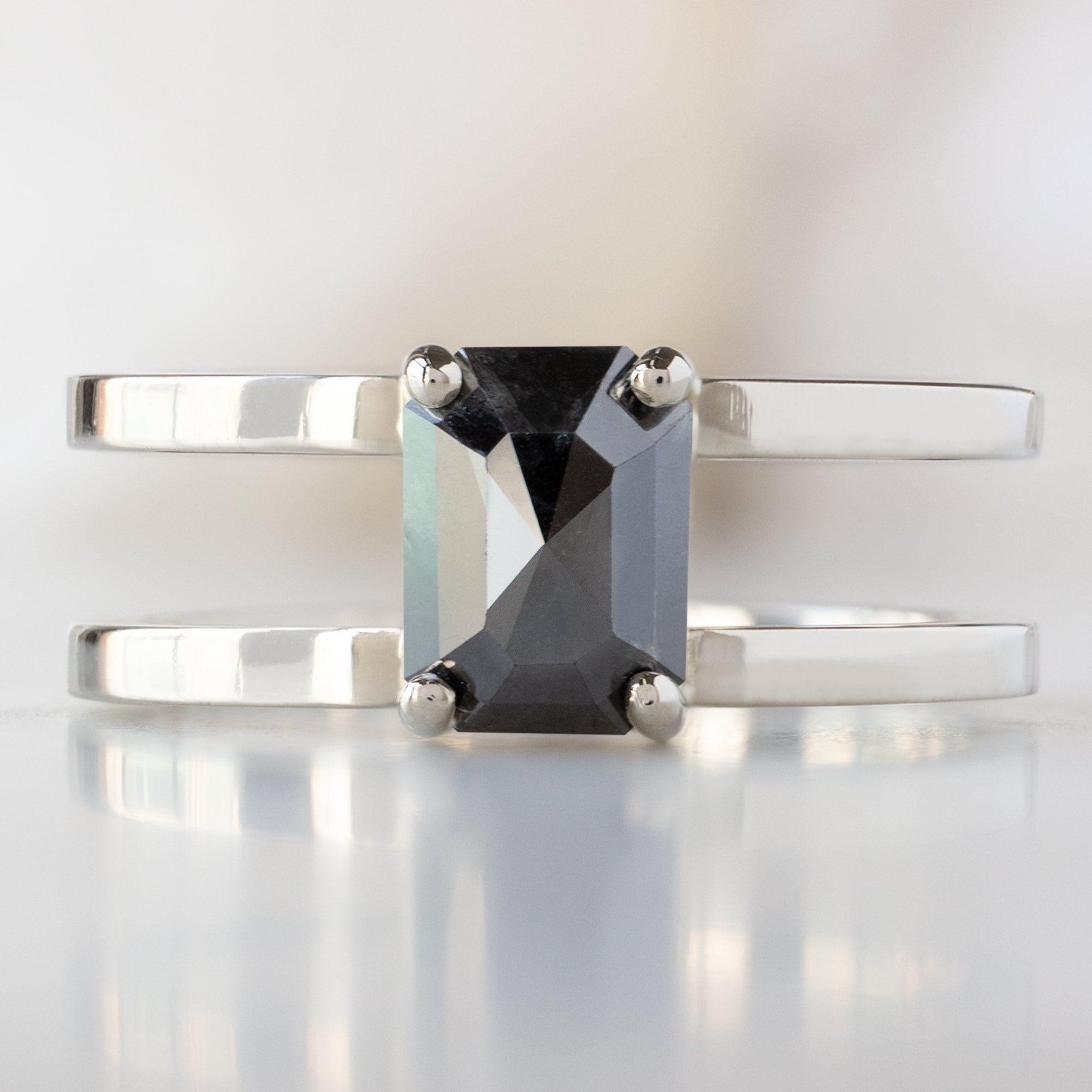 The Poppy Ring with a 1.44ct Emerald Cut Black Diamond in 14K White Gold